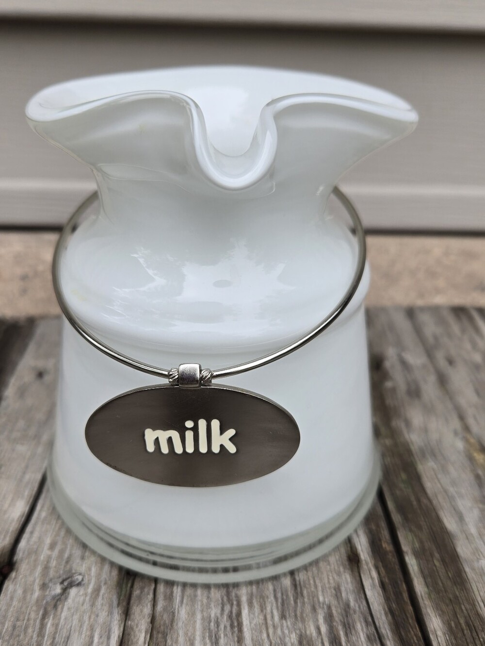 Vtg Milk Glass Small Pitcher Woth Metal Milk Band